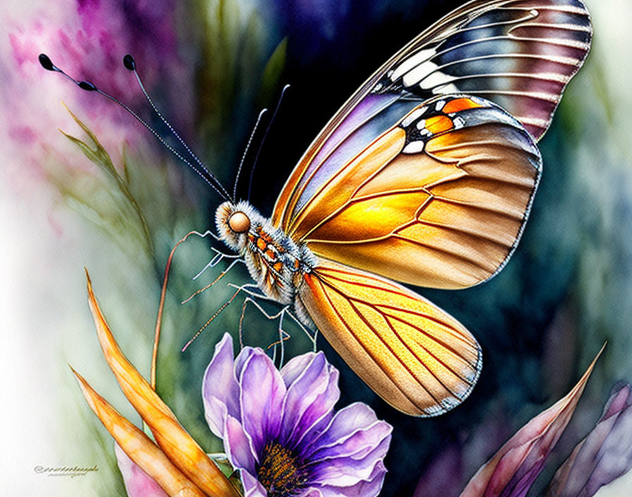 Detailed Butterfly Illustration with Orange and Black Wings on Purple Flowers