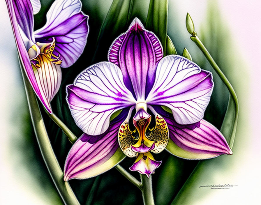 Detailed Purple and White Orchids Illustration with Yellow Labellum