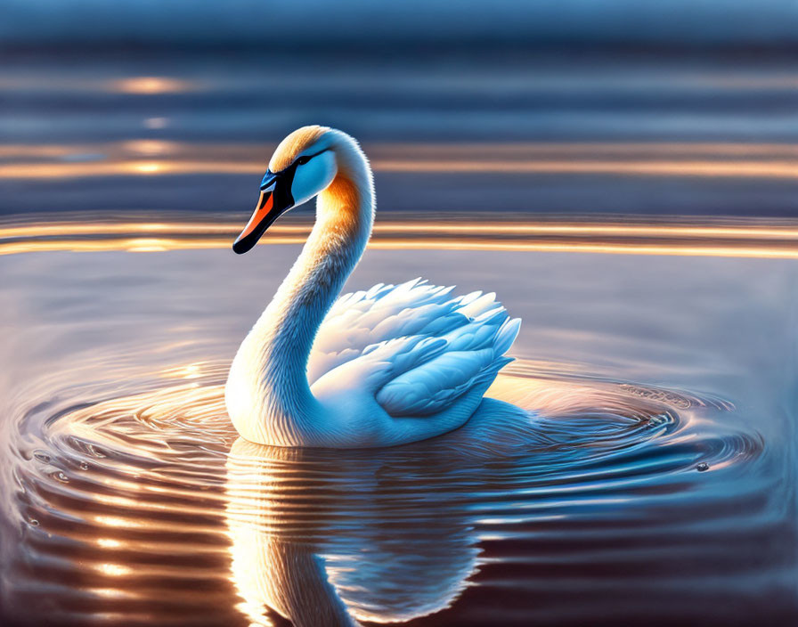 Tranquil swan on golden lake at sunset