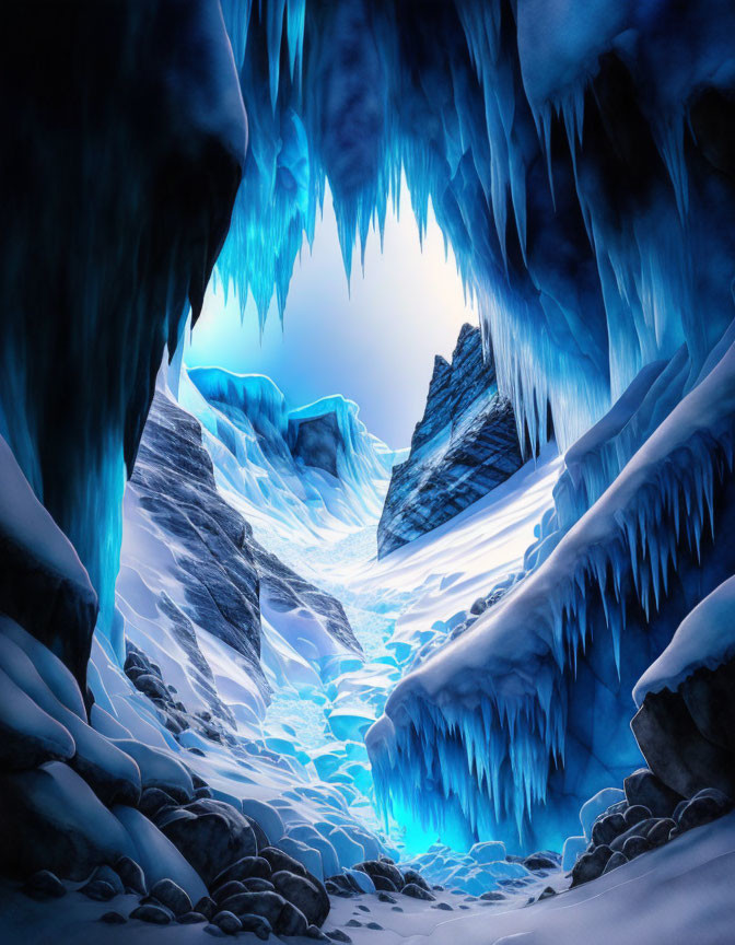 Icy Cave with Hanging Icicles and Snowy Path in Bright Sky