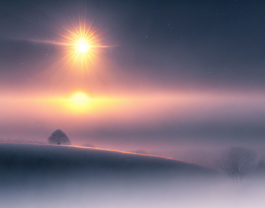 Twilight landscape with star over misty hills and trees