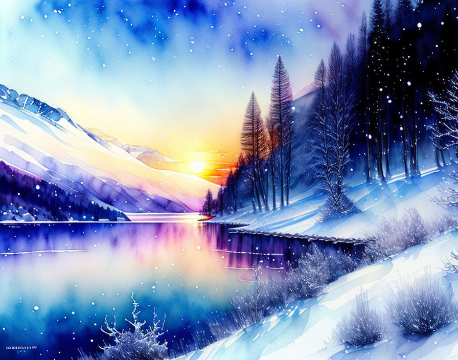 Winter landscape illustration: purple and orange sunset over snow-covered lake and trees