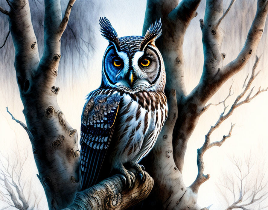 Detailed Owl Portrait Perched on Tree Branch with Yellow Eyes