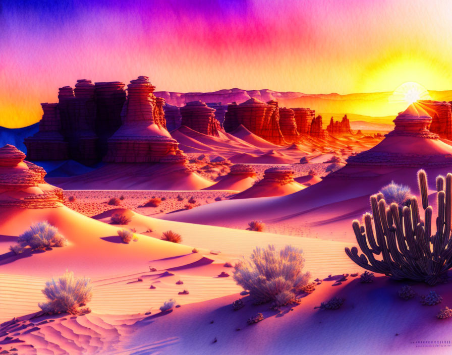 Colorful Sunset Desert Landscape with Rock Formations & Dunes