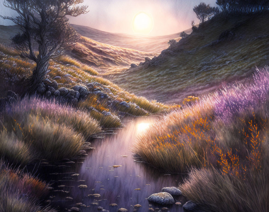 Tranquil sunset landscape with stream, purple heather, and rolling hills