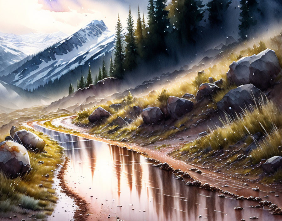 Serene mountain landscape watercolor illustration