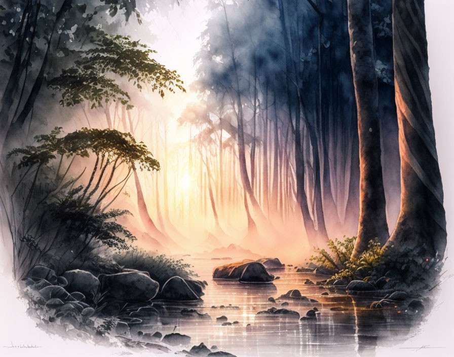 Tranquil watercolor forest scene with sunrays, tall trees, serene river