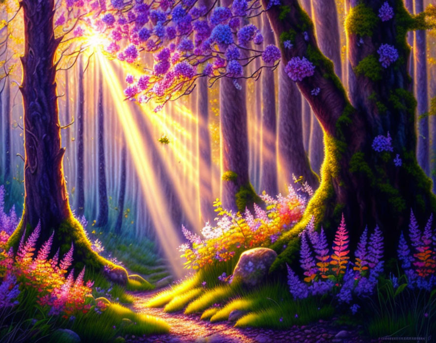 Enchanted forest with purple-flowered trees and mossy path