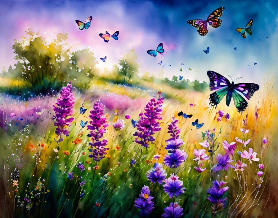 Colorful watercolor painting of blooming meadow with butterflies under gradient sky