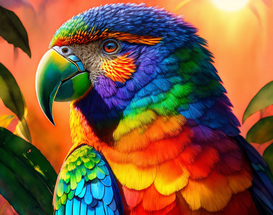 Colorful Close-Up of Parrot with Bright Feathers on Warm Background