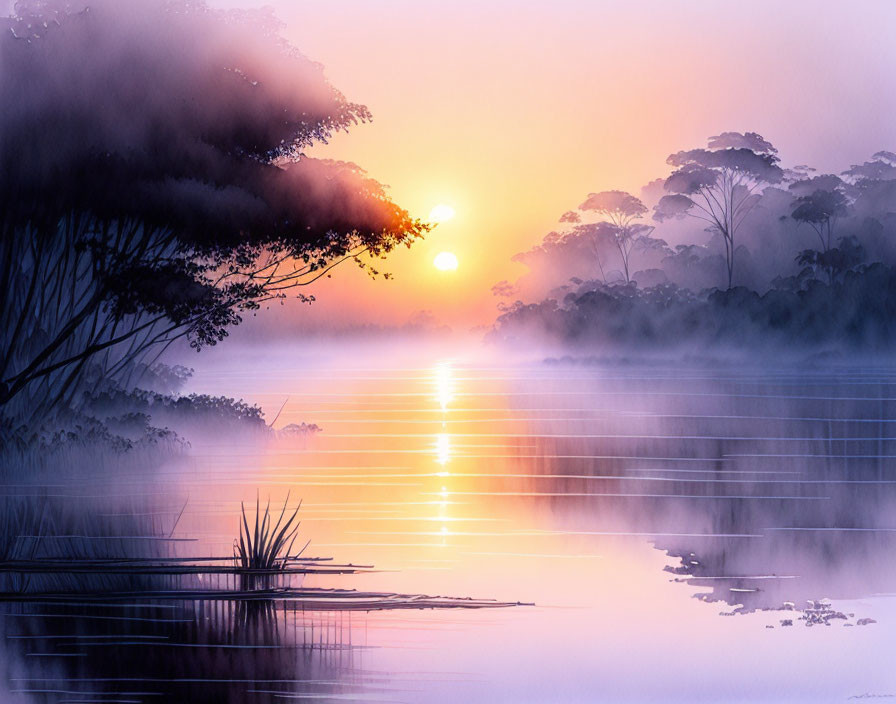 Tranquil sunset scene with orange hues reflecting on water and silhouetted trees