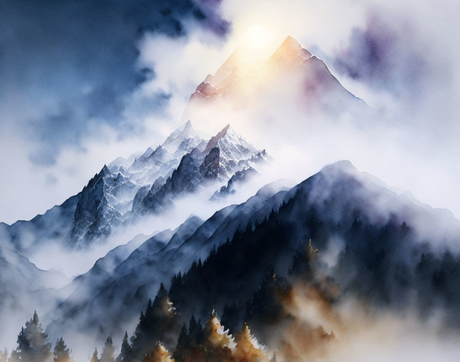 Misty Mountains Sunrise with Snow-Capped Peaks