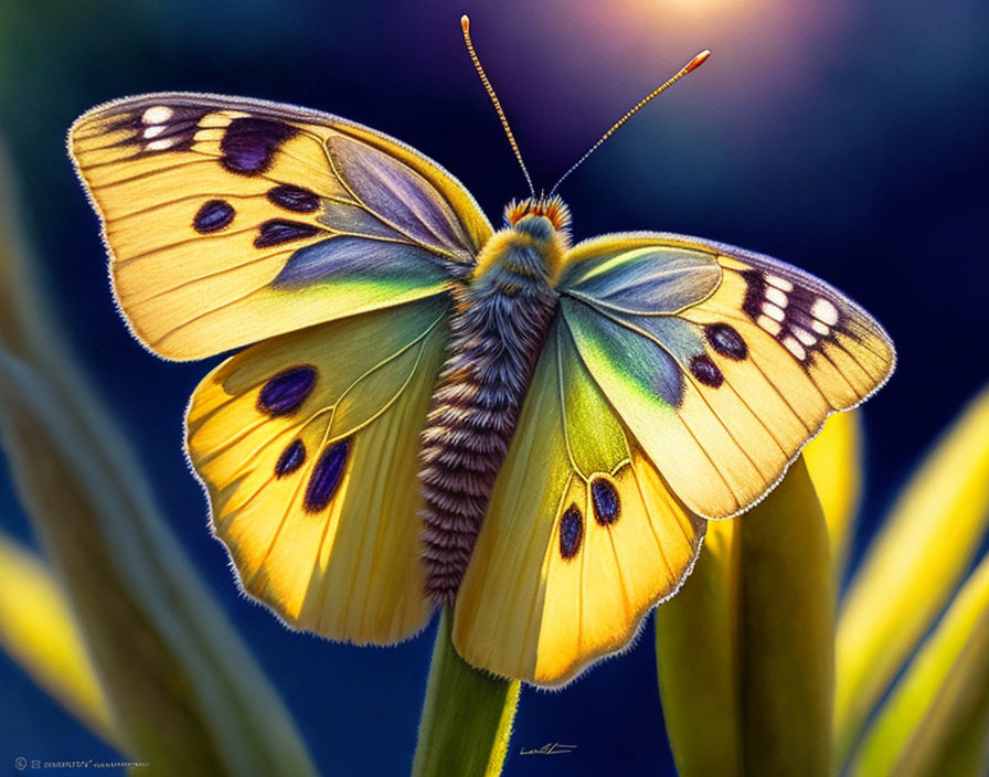 Colorful Butterfly with Yellow and Black Wings on Grass-like Foliage