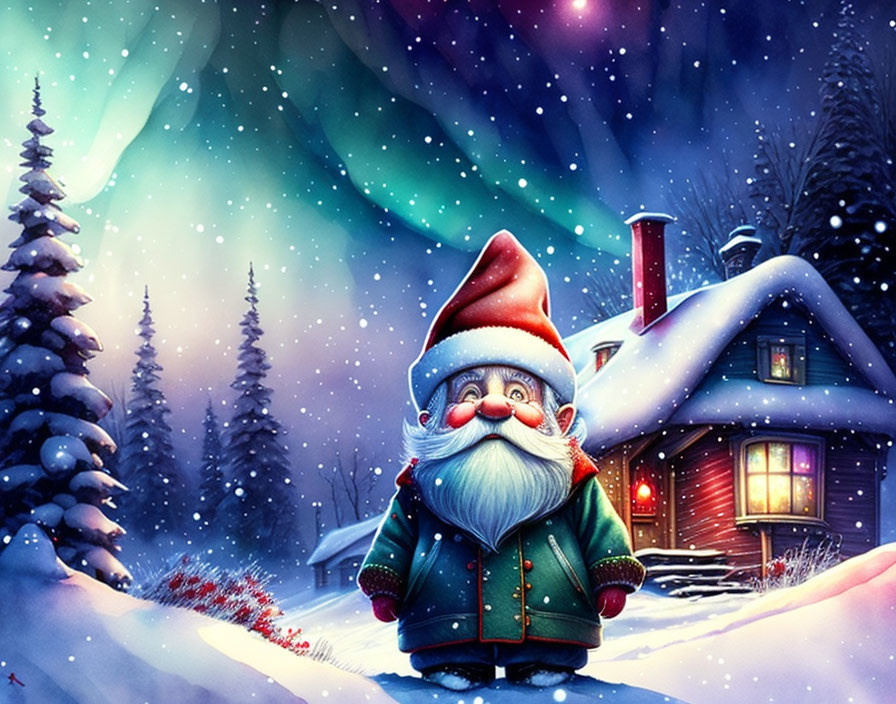 Festive Santa Claus illustration with cozy cottage and northern lights