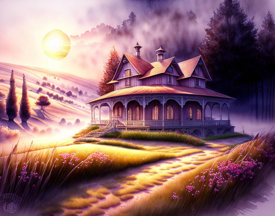 Victorian-style house with wraparound porch in sunset meadow scenery