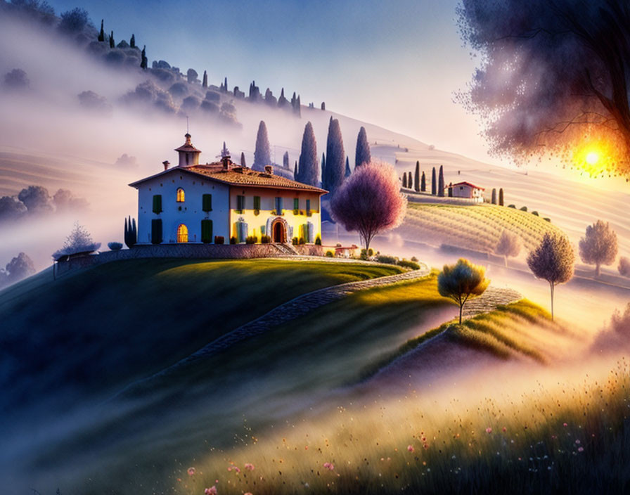 Tuscan villa in misty hills at sunset