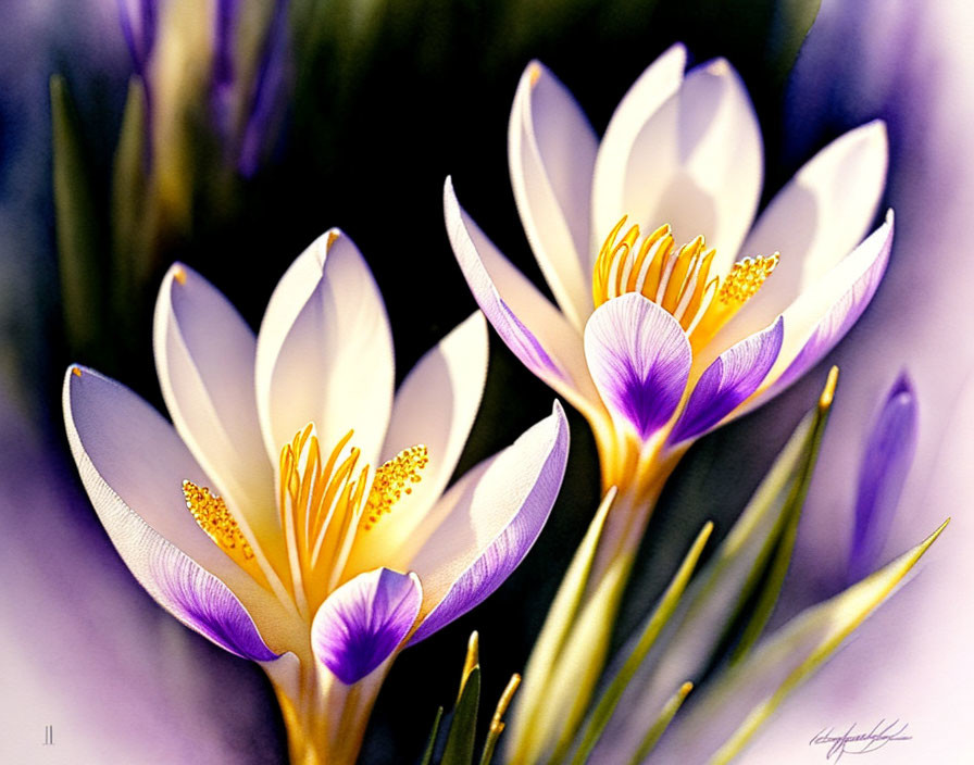 White and Purple Crocus Flowers with Yellow Stamens on Blurred Background