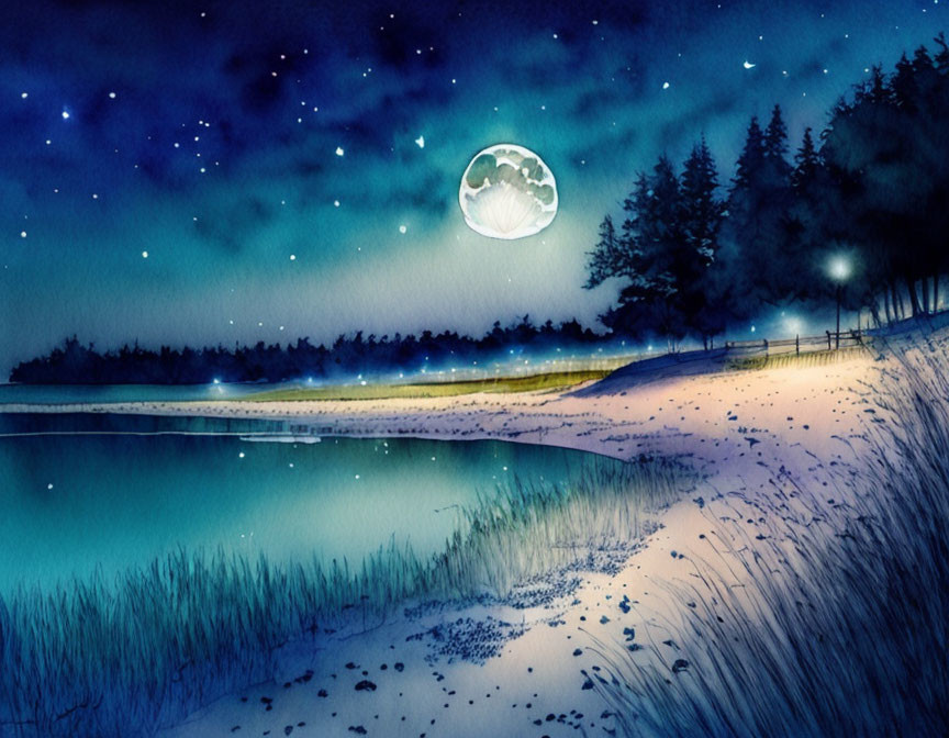 Full Moon Night Scene: Tranquil Lake, Forest, Starry Sky