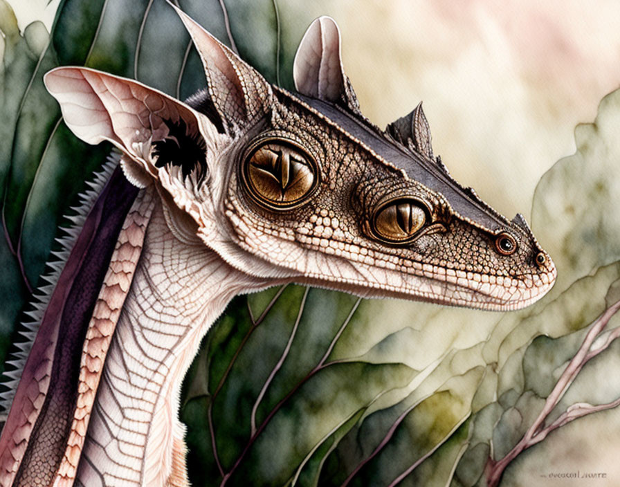 Detailed dragon illustration with intricate scales, horns, and golden eyes on soft background.