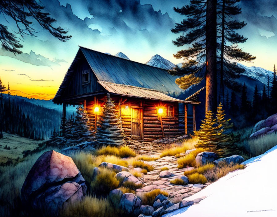 Rustic cabin at twilight with warm lights and pine trees