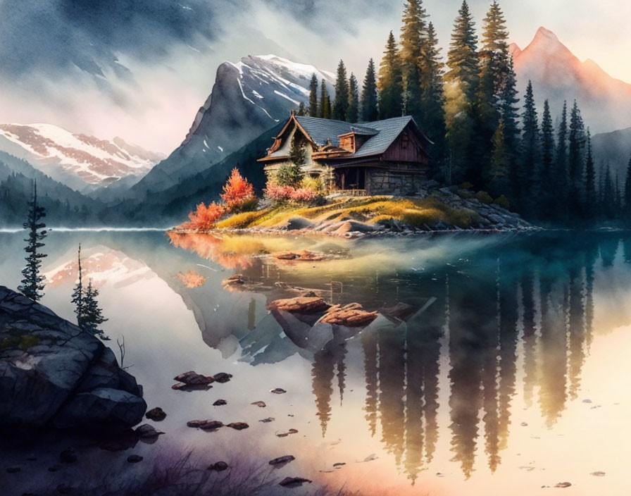 Tranquil autumnal landscape with cozy cabin by still lake