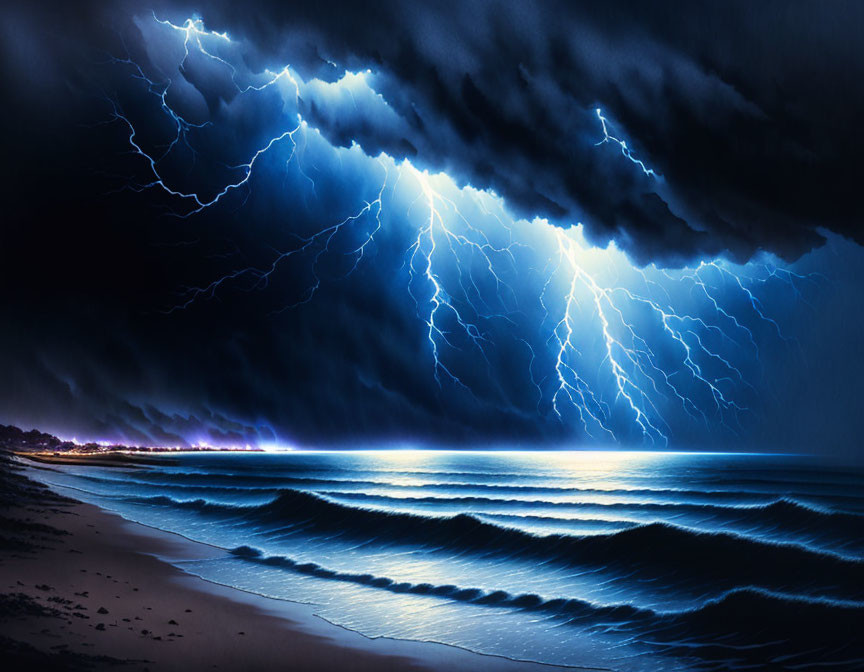 Dramatic Nocturnal Seascape with Lightning Strikes