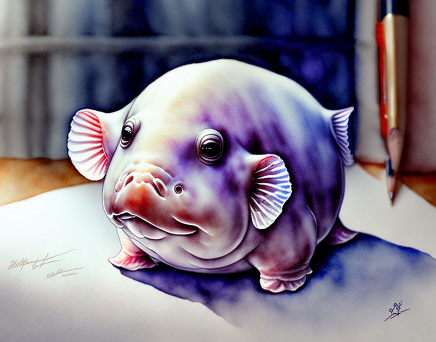 Colorful drawing of fish-pig hybrid creature next to pen