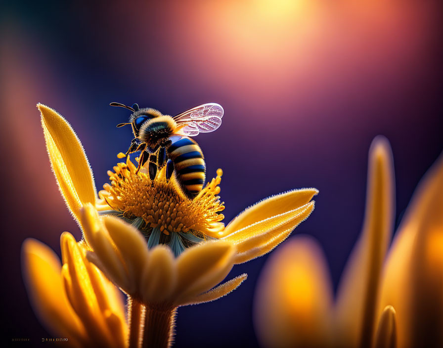 Bee on Bright Yellow Flower with Soft-Focus Background