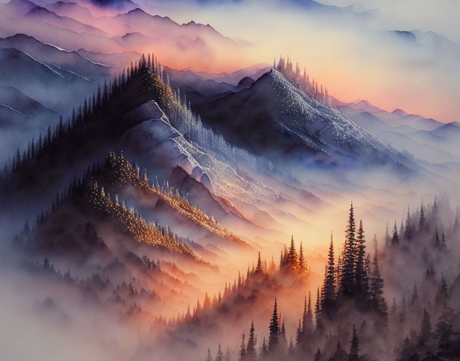 Layered Mountain Ranges in Watercolor with Sunrise Hues