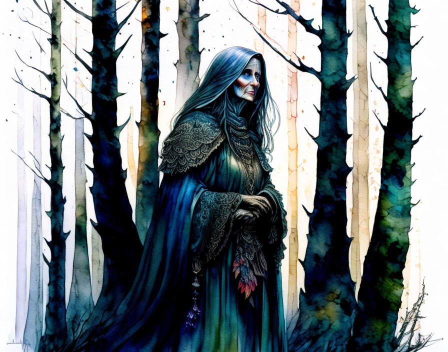 Blue-cloaked mystical figure among birch trees with intricate patterns.