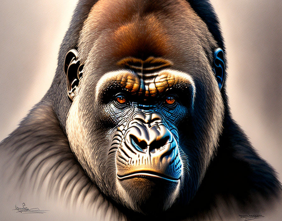 Detailed Gorilla Face Illustration with Intense Eyes & Thoughtful Expression