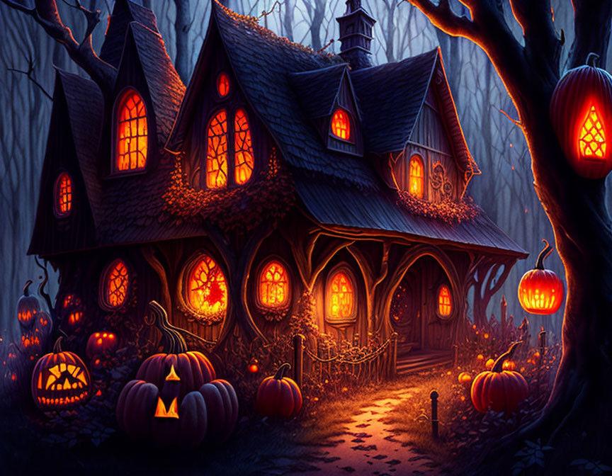 Spooky Halloween illustration: Haunted house and pumpkins in forest at night