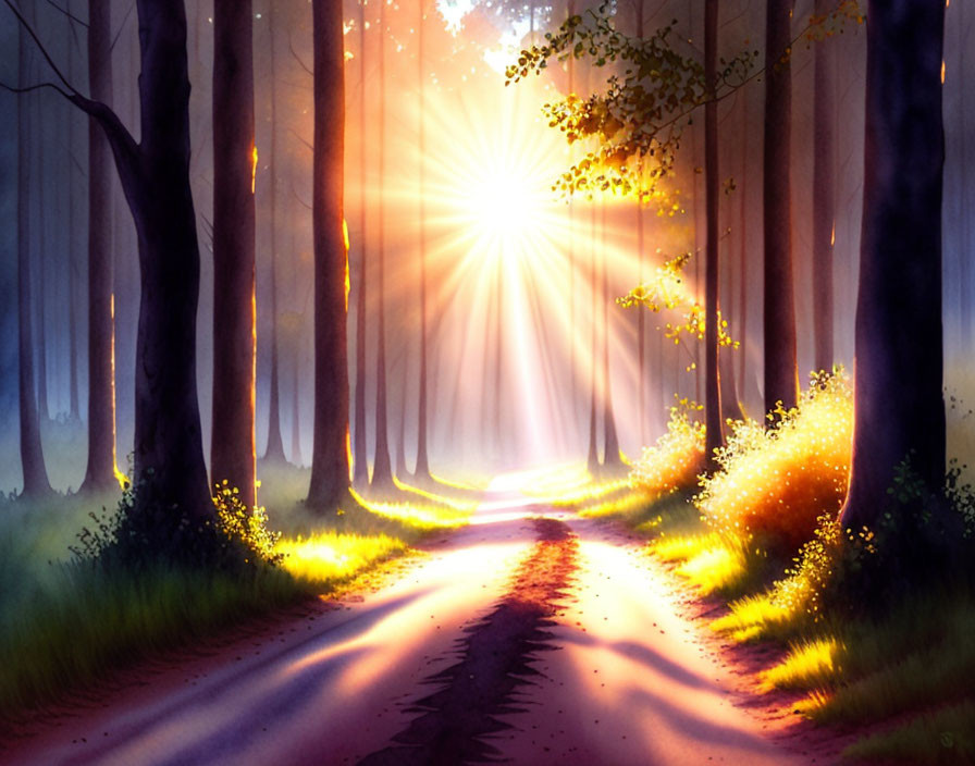 Enchanting sunlit path in a magical forest