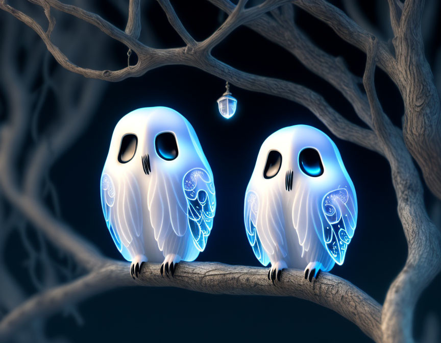 Glowing owl figures with intricate patterns in mystical setting