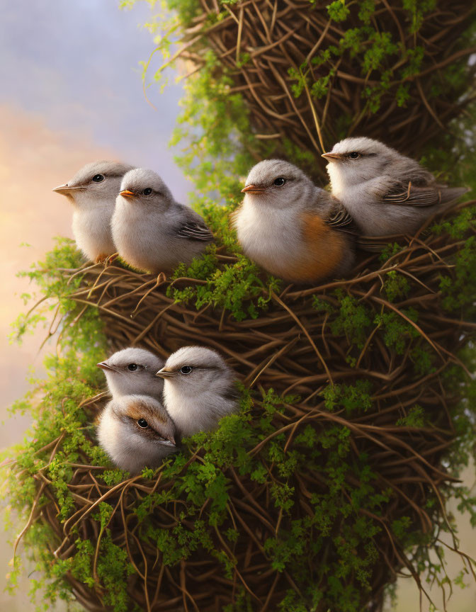 Stylized birds with human-like faces perched in nest among green vines