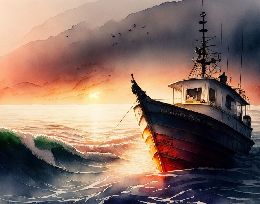 Sunrise seascape watercolor painting with boat, birds, mountains, and warm sky