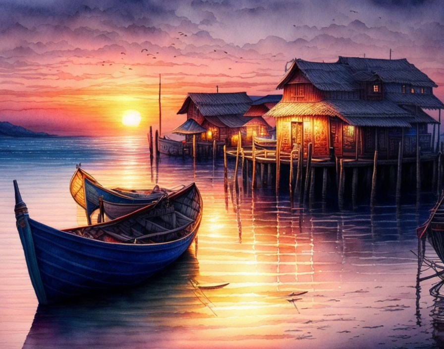 Tranquil sunset scene with stilt houses, boat, and warm reflections on calm sea