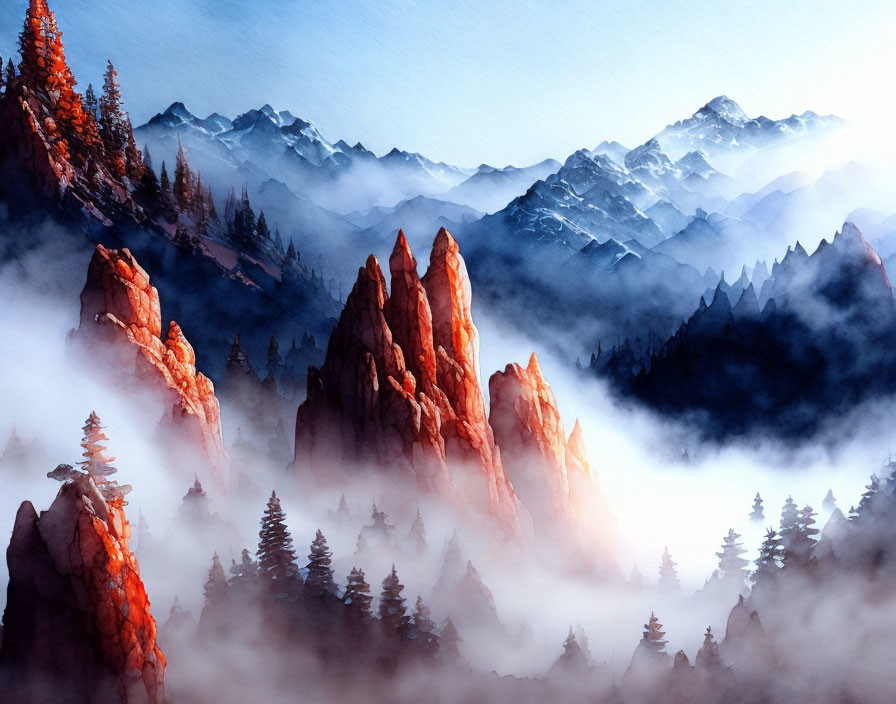 Misty mountain landscape with orange rock formations