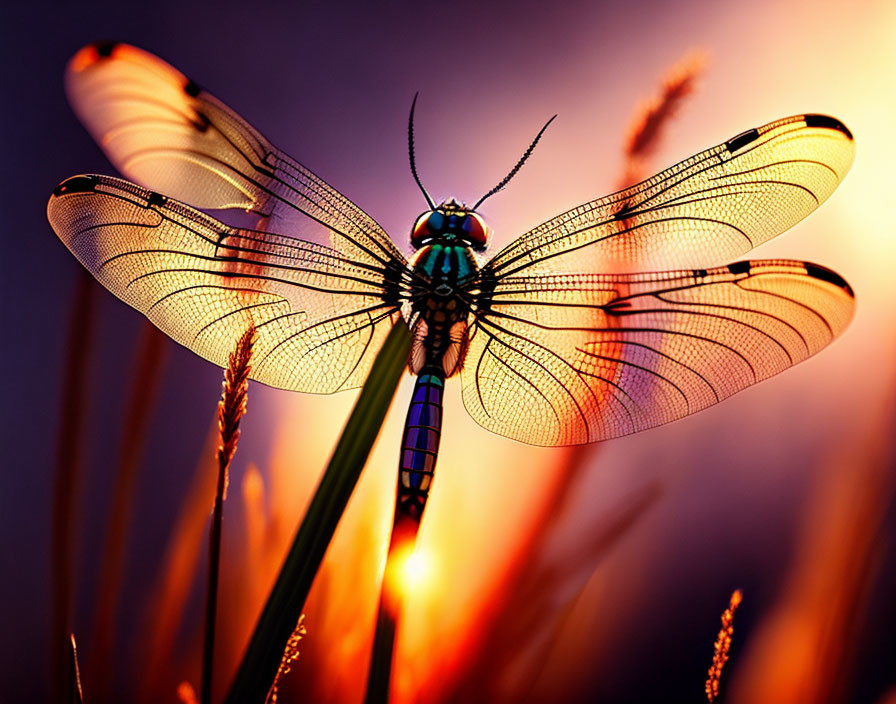 Dragonfly with Translucent Wings Against Warm Red and Purple Background