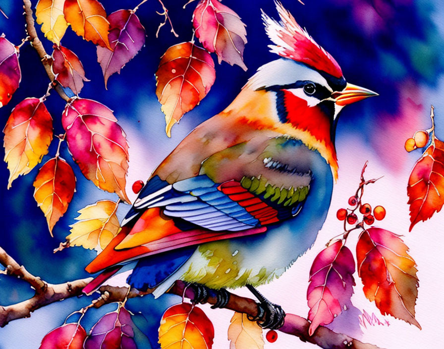 Colorful bird with crested head on branch amid autumn leaves and berries