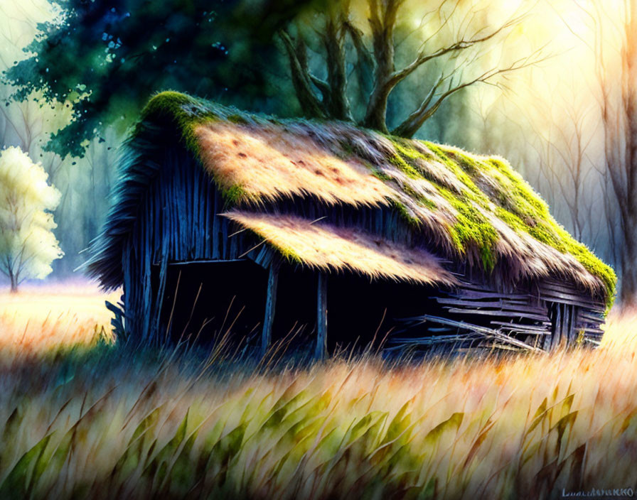 Rustic wooden hut in golden grass and trees under sunlight