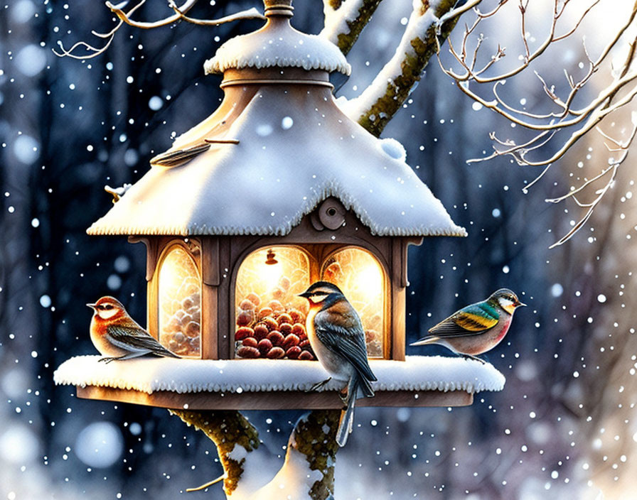 Snow-covered bird feeder with colorful birds in wintry scene