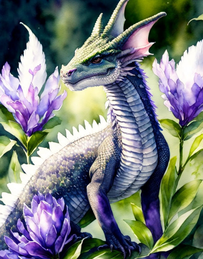 Majestic dragon with purple flowers and green spikes in lush setting