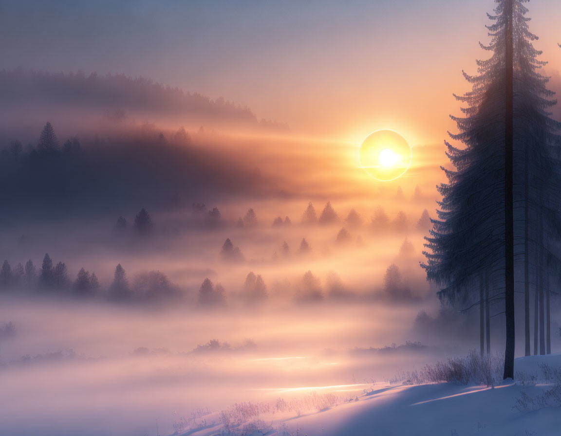 Snowy Sunrise Landscape: Foggy Trees & Warm Sun Glow