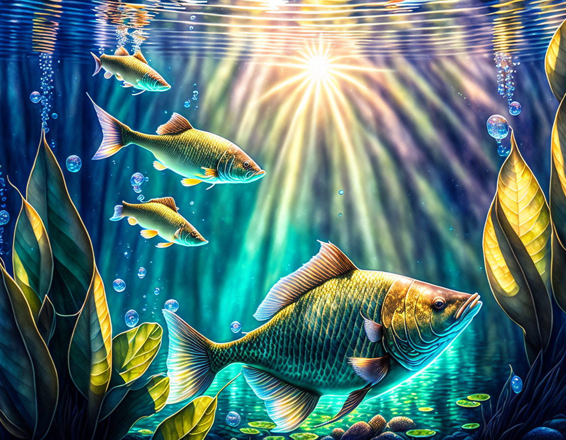 Colorful fish and sunlit seaweed in vibrant underwater scene