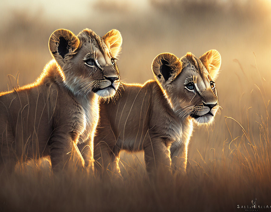 Lion cubs in golden light with curious expressions in savanna grass