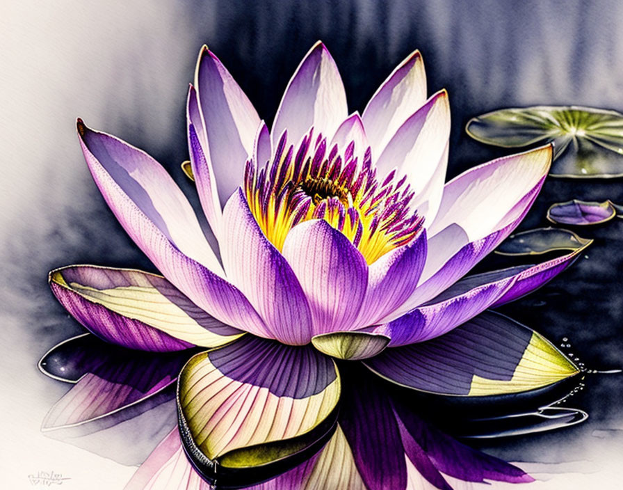 Detailed Purple and White Lotus Flower Illustration on Calm Water