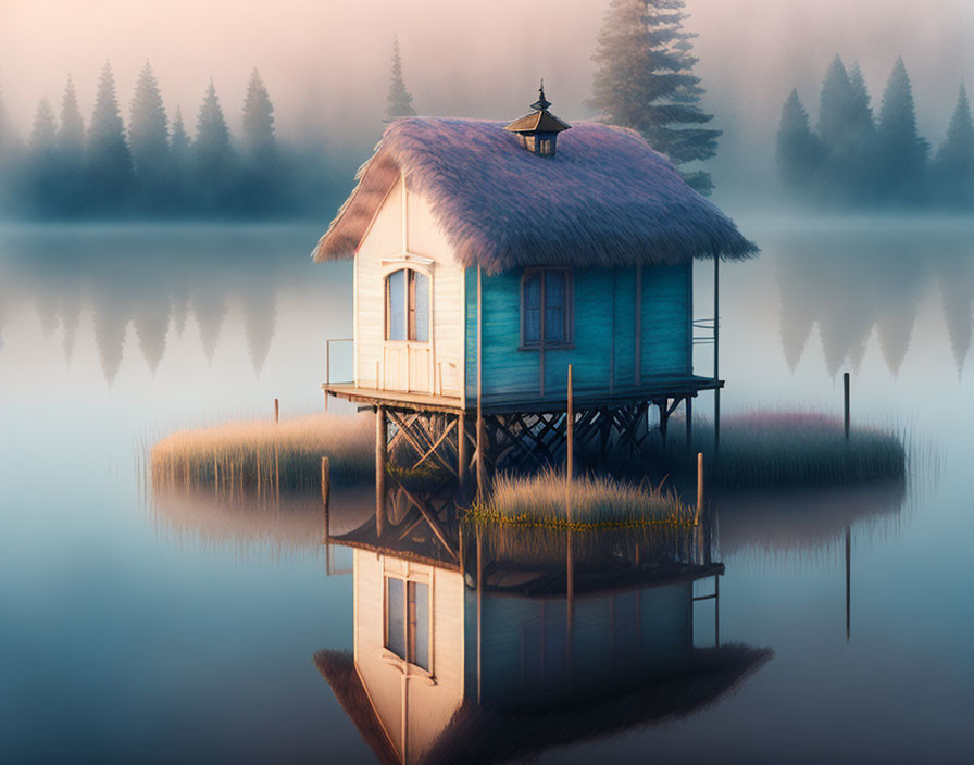 Tranquil blue stilt house on misty lake at dawn or dusk