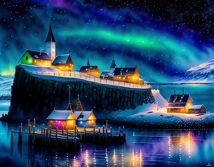 Picturesque village on cliff under Northern Lights.