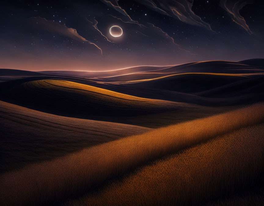 Golden wheat fields under crescent moon on rolling hills